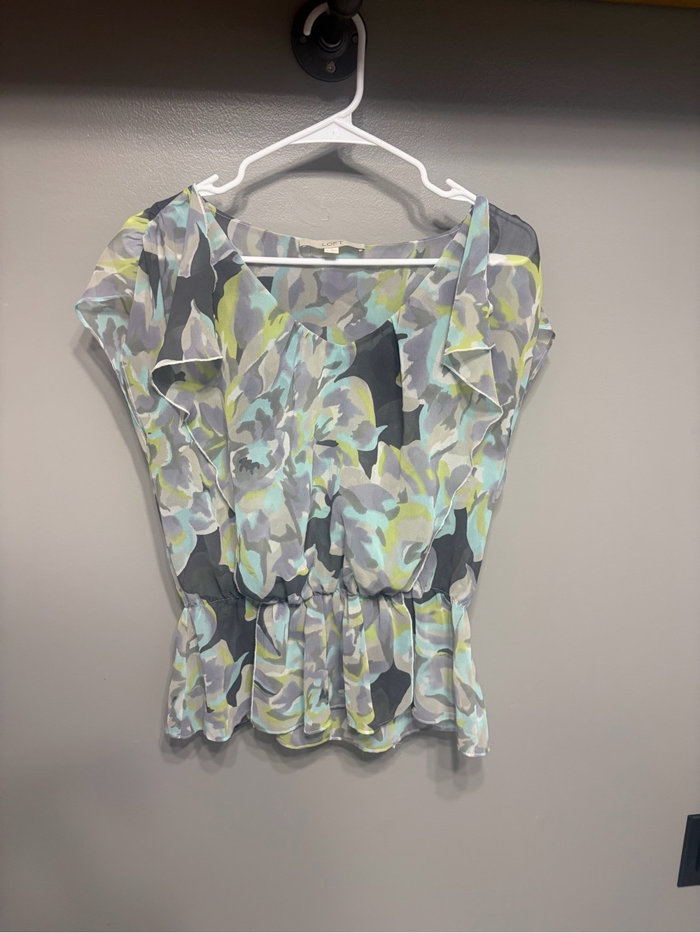 LOFT Floral Peplum Blouse in Gray, Mint, and Yellow